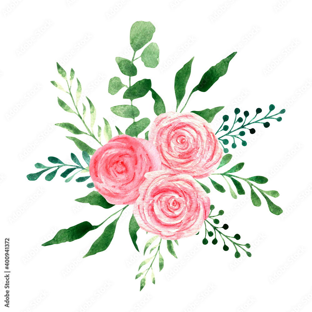 Watercolor bouquet with pink roses and branches of greenery, wedding ...