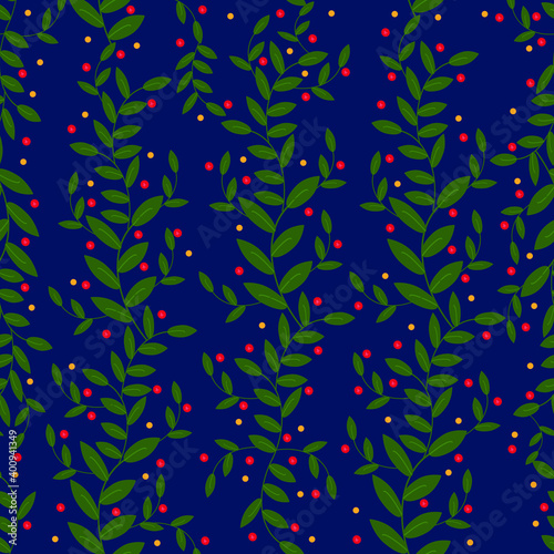 Branches of green leaves with red and orange berries on a blue background. New Year's festive composition. Seamless patterns. Vectron illustration. For wallpapers, textiles, holiday cards.