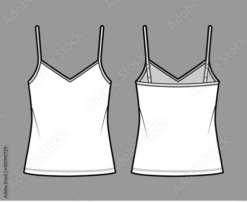 Camisole V-neck cotton-jersey top technical fashion illustration with thin adjustable straps, oversized, tunic length. Flat outwear tank template front, back, white color. Women men unisex CAD mockup