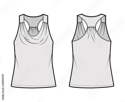 Tank racerback cowl top technical fashion illustration with ruching, oversized, tunic length. Flat apparel outwear shirt template front, back, grey color. Women, men unisex CAD mockup