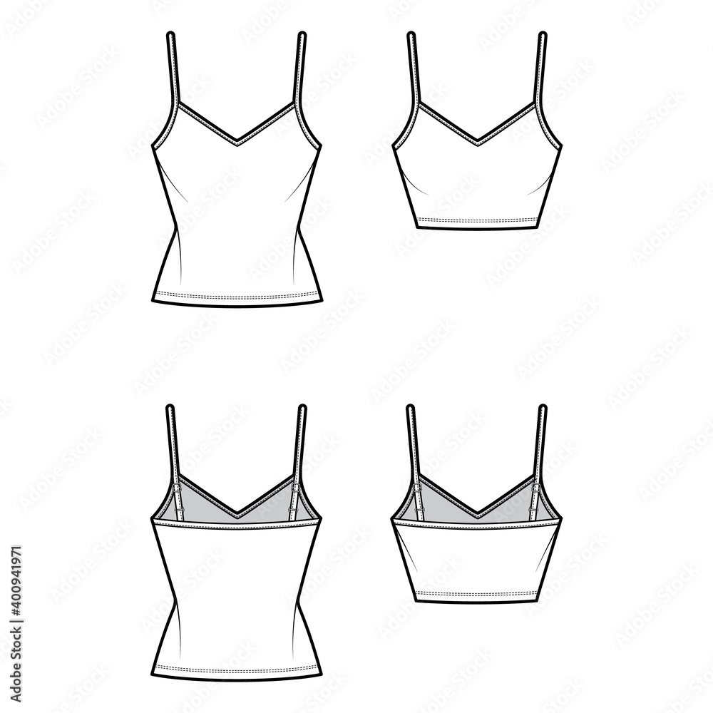 Set of Camisoles V-neck cotton-jersey top technical fashion illustration  with thin adjustable straps, slim fit, tunic or crop length. Flat tank  template front, back white color. Women men CAD mockup Stock Vector