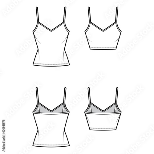 Set of Camisoles V-neck cotton-jersey top technical fashion illustration with thin adjustable straps, slim fit, tunic or crop length. Flat tank template front, back white color. Women men CAD mockup