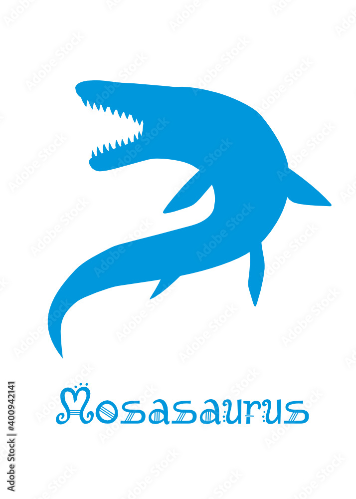 Obraz premium Mosasaur Dinosaur Vector illustration silhouette. blue dinosaurs, kids dinosaur name prints blue, boys bedroom wall art, dino room, kids dinosaur posters.