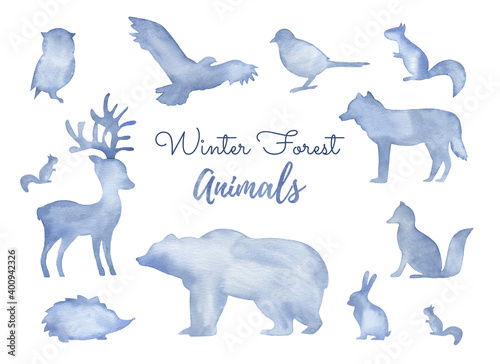 Watercolor blue silhouettes of wild forest animals. Hand drawn wildlife illustration