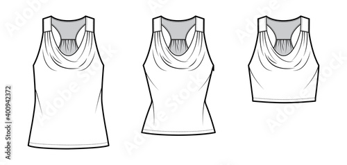 Set of Tanks racerback cowl crop tops technical fashion illustration with ruching, oversized and fitted body, waist and tunic length. Flat apparel template front white color. Women men CAD mockup