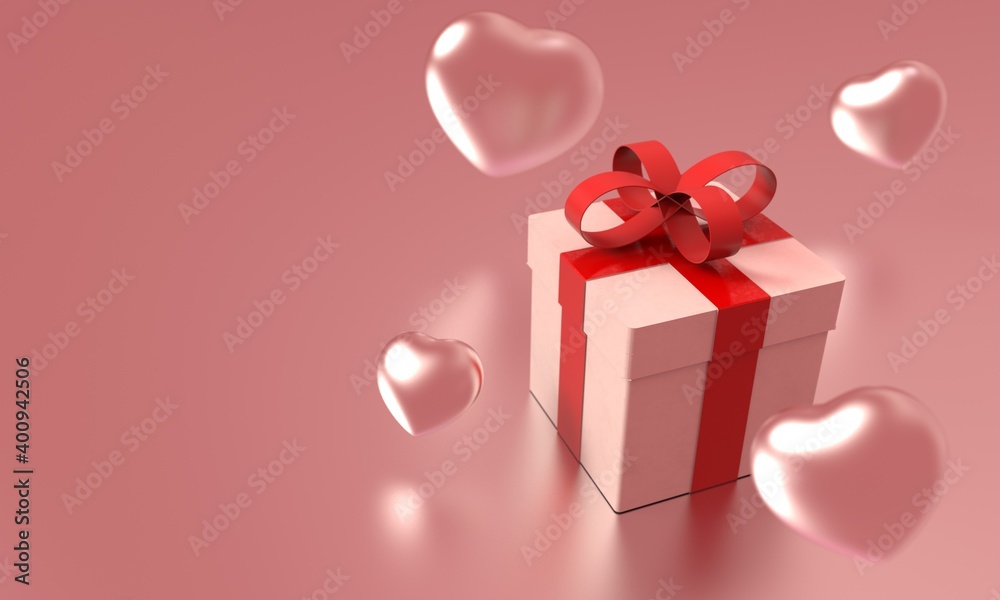 Pink gift box with red ribbon and many rainy heart falling from sky on pink background. Valentine Christmas holiday and Black Friday concept. Celebration and Birthday event. 3D illustration