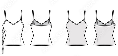 Camisole V-neck cotton-jersey top technical fashion illustration with thin adjustable straps, slim fit, tunic length. Flat outwear tank template front, back, white, grey color. Women unisex CAD mockup