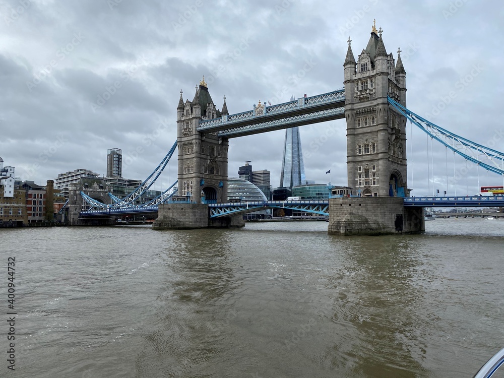 A view of London from the River Thames showing Tower Bridge