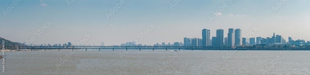 Qiantang river and the skyline in Hangzhou, China.