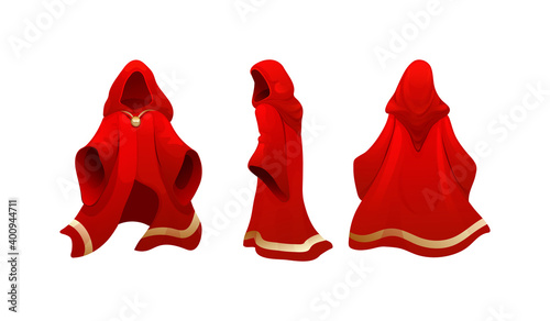 Realistic magic red cape of cloak costume, mantle of magician, mysterious costume. Red velvet robe mage. Carnival costume, mockup festive clothing front back behind view. Masquerade fancy dress