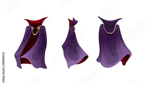 Realistic carnival vampire costume of cloak costume, superhero cape, Dracula vampire carnival costume. Carnival costume, mockup festive clothing front back behind view. Masquerade fancy dress