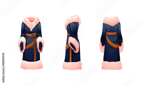 Realistic woman cape of cloak costume of military leader, princely commander in chie with fur collar. Carnival costume, mockup festive clothing, front back behind view. Masquerade fancy dress