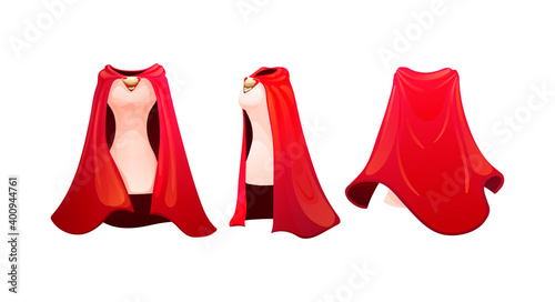 Realistic woman cape of cloak costume, women superhero. Superhero red cape, scarlet fabric silk cloak. Carnival costume, mockup festive clothing, front back behind view. Masquerade fancy dress