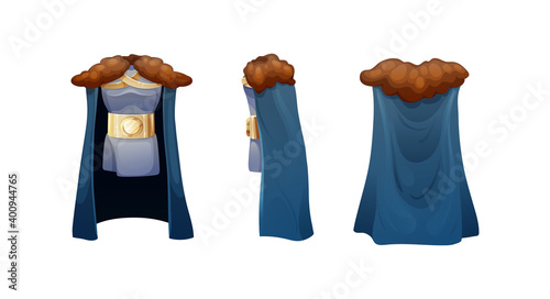 Realistic carnival medieval king cloak costume. Cloak costume of military leader, commander in chief with fur collar. Carnival costume, mockup festive clothing front back behind view