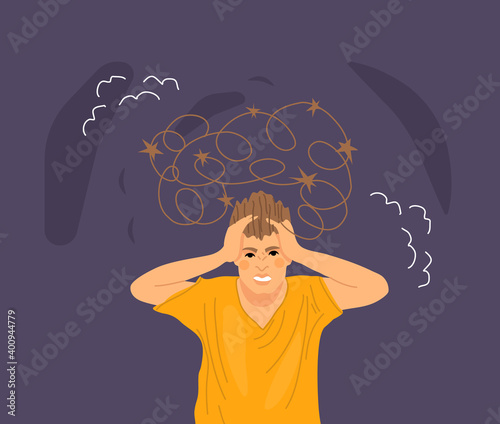 Frustrated man with nervous problems, in anger and irritation holding his head. Man has the confusion of thoughts, strong headache, tired exhausted, nervous mental agitation in his head flat
