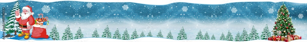 Signboard, banner for New Year's sale. Santa Claus and a bag of gifts on a fabulous winter background. Panoramic banner for business