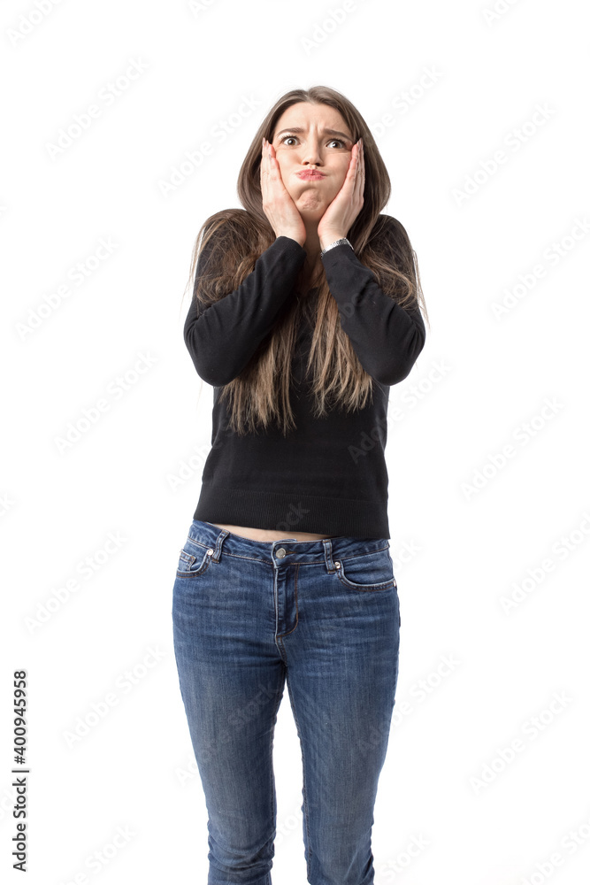 Isolated portrait of young woman with bloated cheeks. Isolated portrait of young woman with bloated cheeks.