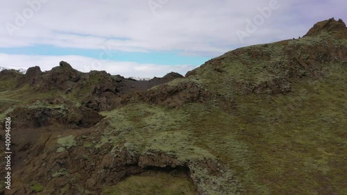 High definition aerial video flying over countryside near Vik, Iceland.
