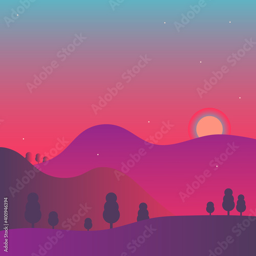 Peaceful soothing gradient nature scene with sunrise and mountain summit silhouette © VectorMine