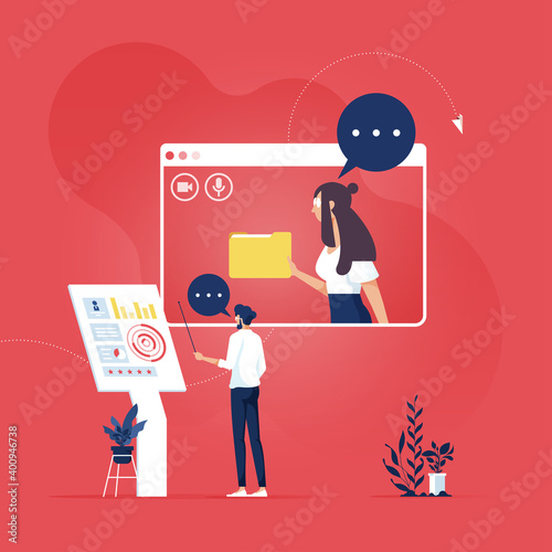 Video call conference, working from home-Online meeting, Videoconferencing and online meeting workspace, Businessman on computer screen talking with colleague