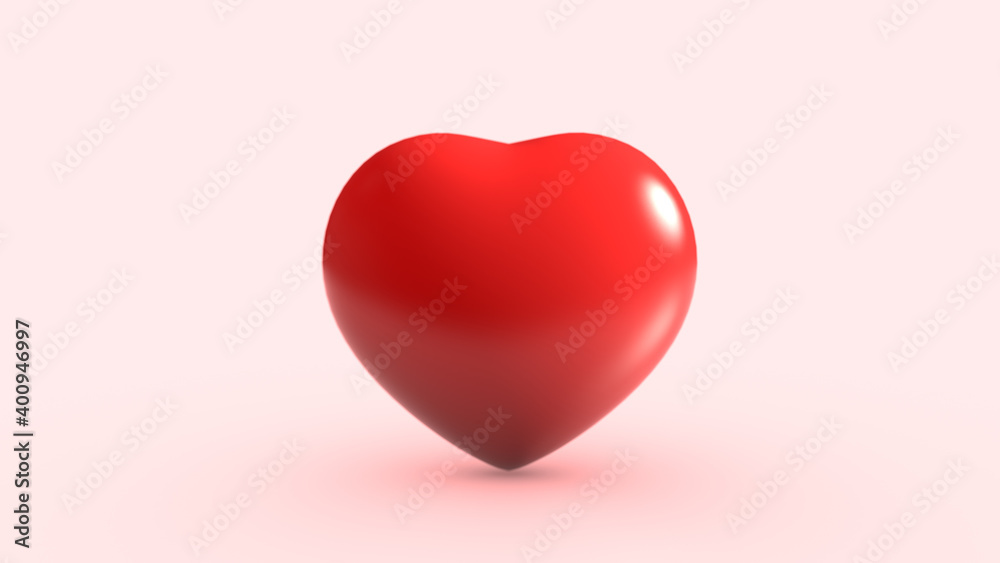 Red heart on pink background. One and single object. Valentines day and  Medical health concept. Symbol of love and affection. 3D illustration rendering
