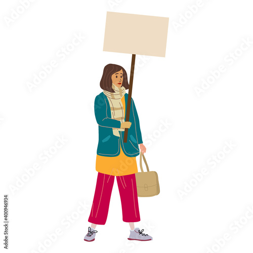 Protester woman holding empty banner. Activist protesting, political meeting, strike human female rights. Vector illustration