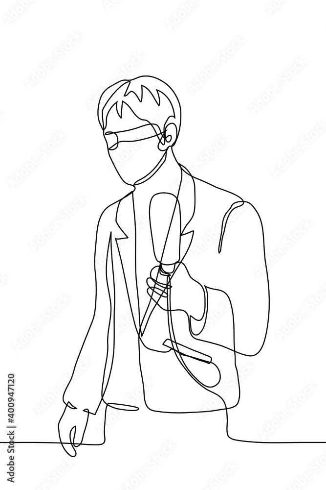male correspondent in a mask and business suit holds out a microphone to the viewer. one line drawing of a journalist wearing a protective medical mask interviewing an observer male correspondent in a mask and business suit holds out a microphone to the viewer. one line drawing of a journalist wearing a protective medical mask interviewing an observer