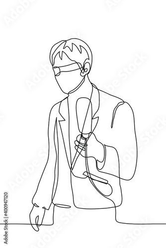male correspondent in a mask and business suit holds out a microphone to the viewer. one line drawing of a journalist wearing a protective medical mask interviewing an observer