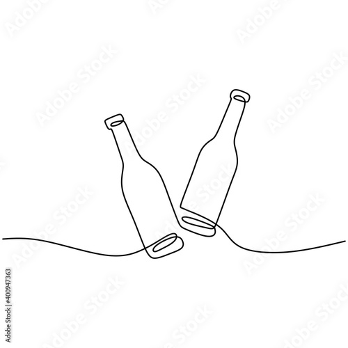 One line drawing of champagne bottle isolated on white background. A bottle of wine to celebrating the 2021 new year linear style sign concept minimalism design. Happy New Year. Vector illustration
