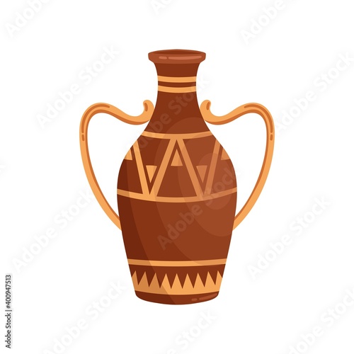 Greek amphora with handles vector flat illustration. Ancient clay vase with traditional Hellenic ornaments isolated on white background. Antique grecian pottery, decorated vessel
