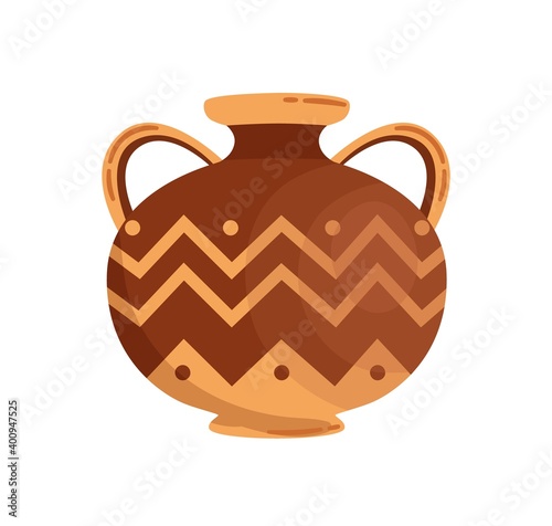 Antique greek stoneware or pottery vector flat illustration. Traditional grecian vase or amphora with handles decorated by hellenic ornaments isolated on white background. Clay vessel