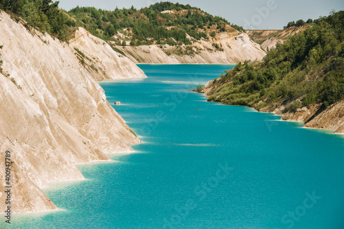 Volkovysk chalk pits or Belarusian Maldives beautiful saturated blue lakes. Famous chalk quarries near Vaukavysk, Belarus. Developed for the needs of Krasnaselski plant construction materials. photo