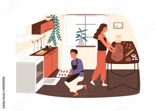 Couple preparing cookies or gingerbread at home kitchen vector flat illustration. Smiling woman making biscuits from dough, man putting them in stove to bake isolated. Family enjoy cooking together