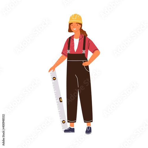 Friendly woman architect holding constructing ruler vector flat illustration. Happy female industrial worker in overalls and hard hat isolated on white. Engineer constructor with equipment