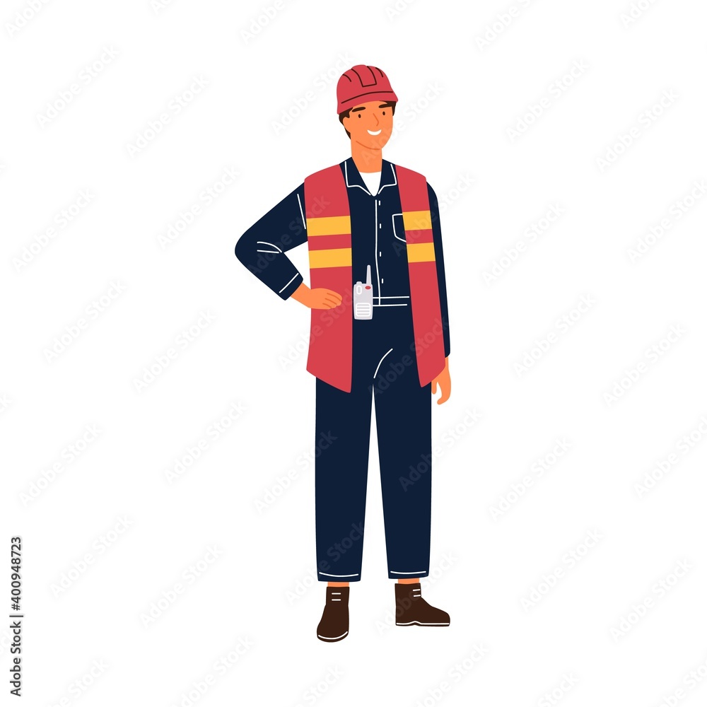 Smiling male construction worker in uniform and hard hat vector flat illustration. Friendly man builder or foreman with walkie talkie isolated on white. Professional industrial labourer Smiling male construction worker in uniform and hard hat vector flat illustration. Friendly man builder or foreman with walkie talkie isolated on white. Professional industrial labourer