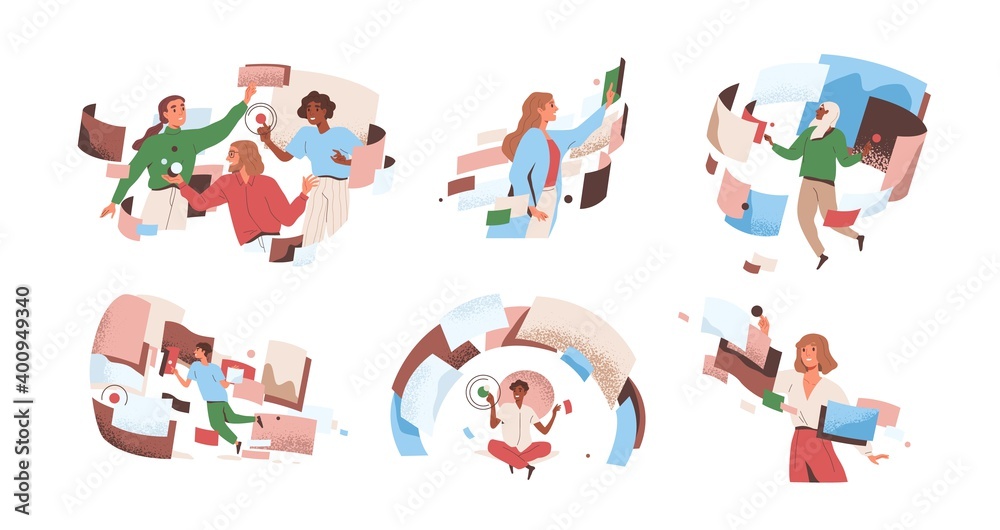 People interacting to workflow operations at cyber space vector flat illustration. Man and woman in workforce process optimization. Concept of management, productivity, multitasking and flow control