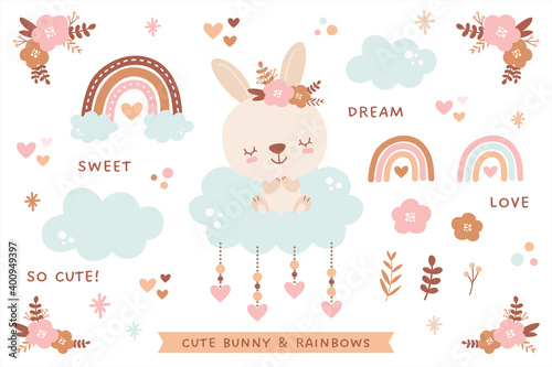 Collection of design elements for baby, kids, and children with cute bunny, rainbows, clouds, flowers, and hearts. Cartoon style vector illustrations for little girl. Isolated on white background.