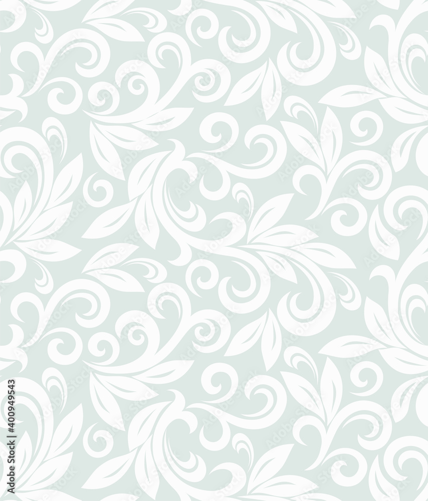 Seamless grey background with white pattern in baroque style. Vector retro illustration. Ideal for printing on fabric or paper for wallpapers, textile, wrapping. 