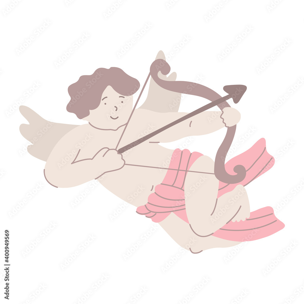 Cute cupid with a bow and and an arrow. Valentine's day design element. Vector illustration for posters and greeting cards isolated on white. Little angel of love. Hand drawn flat style. Cute cupid with a bow and and an arrow. Valentine's day design element. Vector illustration for posters and greeting cards isolated on white. Little angel of love. Hand drawn flat style.