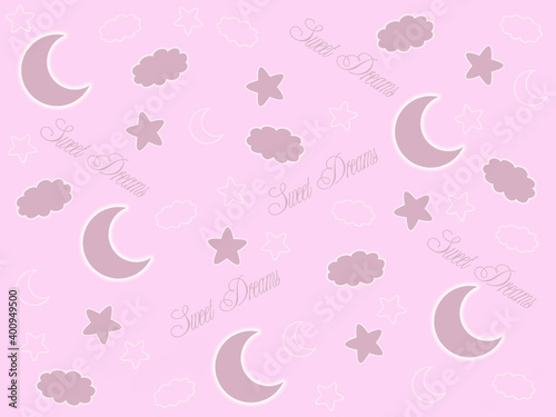Light pink background with moon, stars, clouds and sweet dreams word.