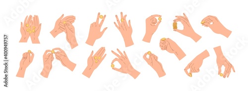 Set of hands holding, throwing, catching or giving golden coins. Money in fingers and palms. Concept of investment, donation and paying. Flat vector illustration isolated on white background
