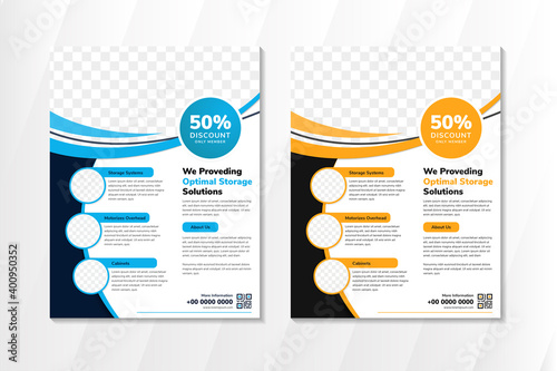 we providing optimal storage solutions flyer template design with vertical layout. combination blue, orange and black element in white background. space for photo. 
