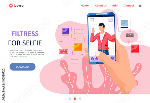 Filters for selfie screen interface photo frame in social media application with a happy man. Selfie design app post template. Landing page with male hand holding phone with mobile photo program