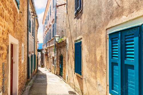 Narrow adriatic street in the Old Town of Herceg Novi  Montenegro