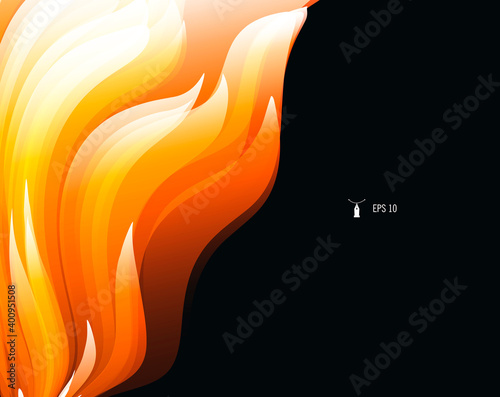 Abstract background for design with bright graphic element of fire flames, smooth 3d forms on dark backdrop, cover composition