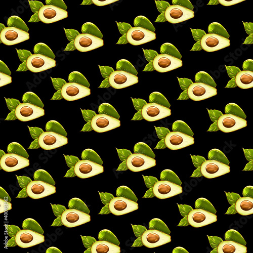 Avocado seamless pattern. Whole avocado with leaf. Texture for eco and healthy food