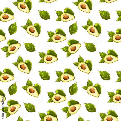 Avocado seamless pattern. Whole avocado with leaf. Texture for eco and healthy food