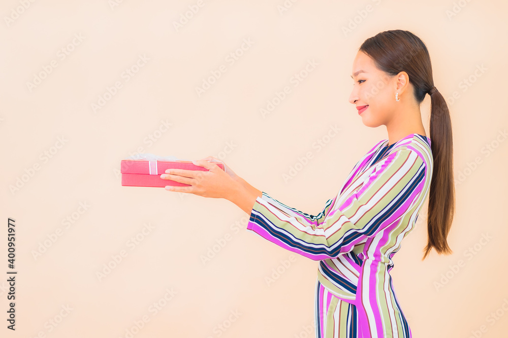 Portrait beautiful young asian woman with red gift box Portrait beautiful young asian woman with red gift box