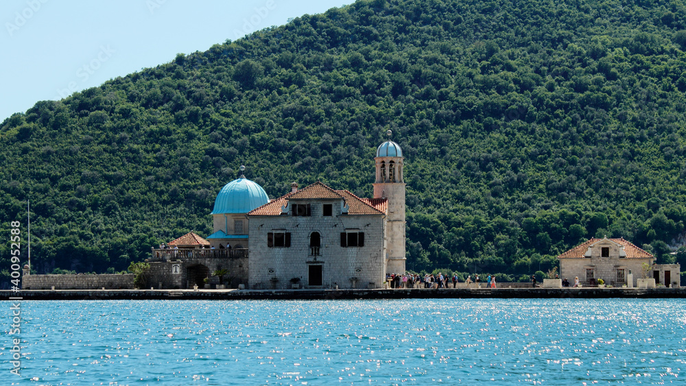 Our lady of the Rocks Church (Gospa od Skrpjela) and the island of the same name, Perast, the Bay of Kotor, the Adriatic Sea, Montenegro