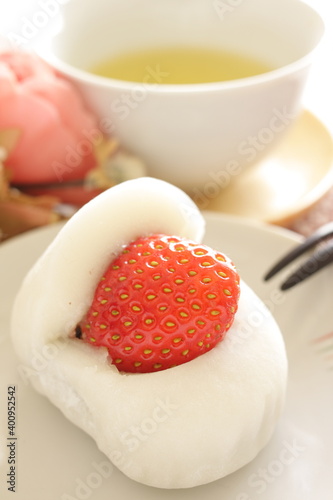 Japanese confectionery  strawberry and red bean paste Daifuku Mochi